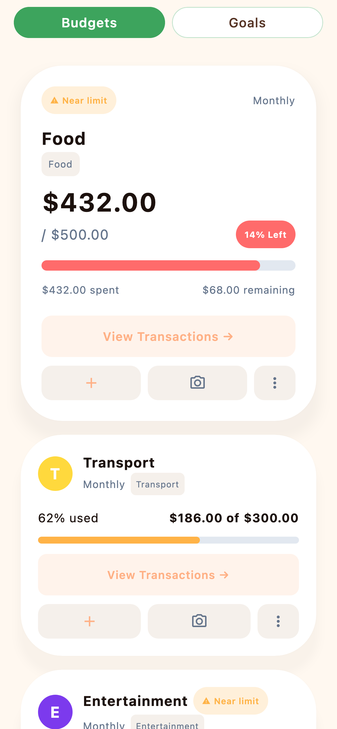 Budgets with category limits and progress bars