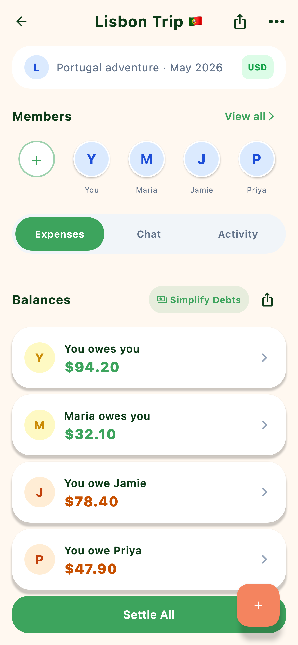 Group detail for Lisbon Trip showing balances and Settle Up button