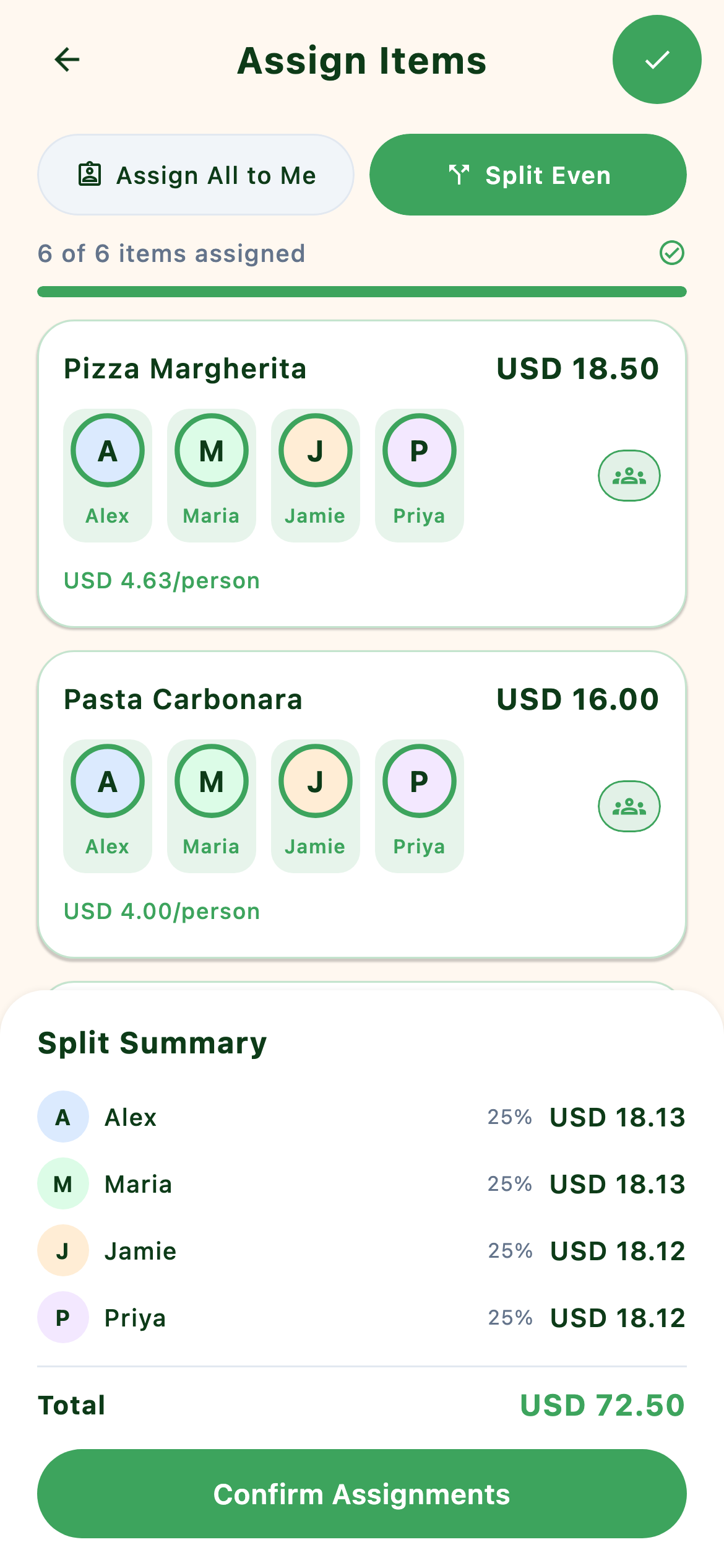Receipt scan screen showing detected items from Whole Foods